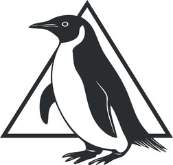 Obraz premium Black and white stylized illustration of a standing penguin in front of a triangle shape background