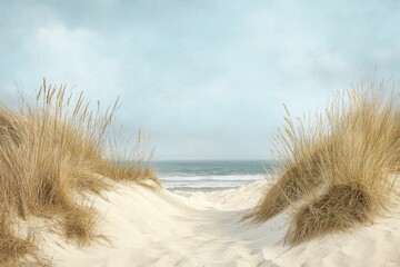 Sandy path leading to the ocean with clear blue sky and gentle waves in the background