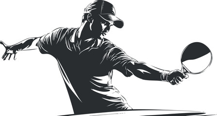 Silhouette of a male table tennis player in action hitting the ball with a paddle during a game.