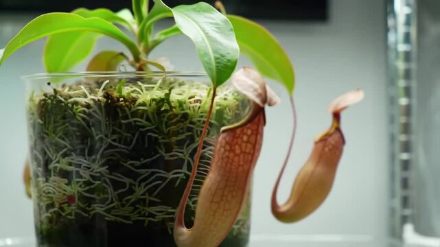 Exotic Nepenthes Plant Carnivorous Plant Growing Indoors Close Up Shot