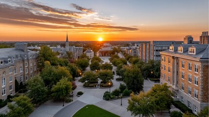 University campus bathed in golden sunset light