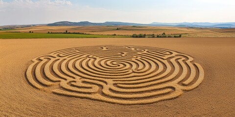 Aerial view of mysterious crop circle pattern in golden wheat field landscape