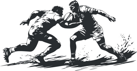 Fototapeta premium Black and white illustration of two rugby players in action during a competitive match with one tackling the other holding the ball
