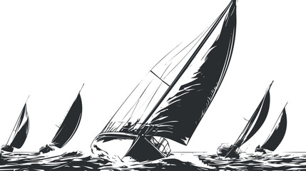 Black and white illustration of sailboats racing on the ocean with dynamic waves and sails.