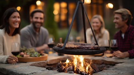 A group of friends enjoying a barbecue around a fire pit with wine and salad in the evening light