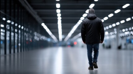 Fototapeta premium man in a dark jacket walks away down a spacious, vacant corridor. bright lights above cast long shadows on the smooth floor in a contemporary indoor space, creating a serene atmosphere