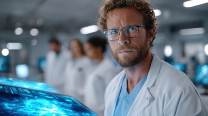 Scientist with curly hair and glasses examines holographic data in a high-tech lab filled with monitors. Colleagues work collaboratively in the background on experiments and research projects
