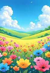 Fototapeta premium Colorful flower meadow with vibrant blooms among green hills and clouds in sky. Beautiful spring or summer landscape concept for travel and backdrop.