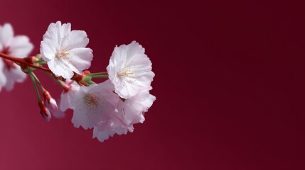 Delicate cherry blossoms bloom gracefully against a rich crimson background. This image captures the beauty of nature in a minimalistic style. Perfect for any art or floral project. AI