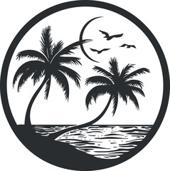 Black and white silhouette of tropical palm trees on a beach with birds flying and the moon in the sky