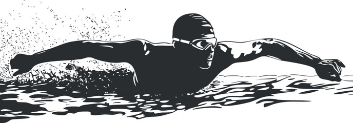 Black and white illustration of a swimmer performing butterfly stroke in water with splash showing movement and strength
