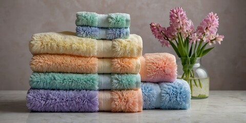 Soft towels stacked with pastel colors and fresh flowers in a vase on a marble surface