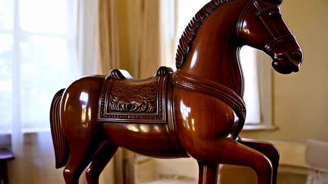 Antique carved wood rocking horse with detailed saddle and bridle displayed indoors in front of neutral curtains and furniture