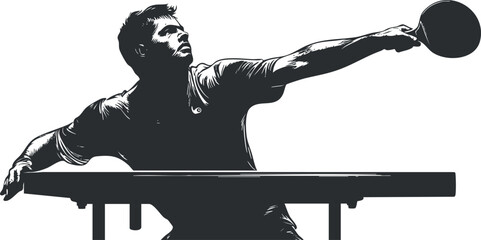 Silhouette of a male table tennis player extending arm to hit the ball during a match