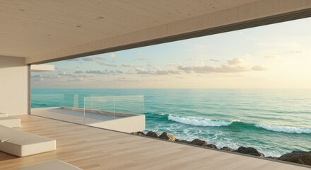 Fototapeta premium Coastal Living: Oceanfront Serenity - Modern architecture, tranquil ocean view, sunset hues, open terrace, waves crashing. Symbolizing peace, luxury, escape, serenity, and coastal living