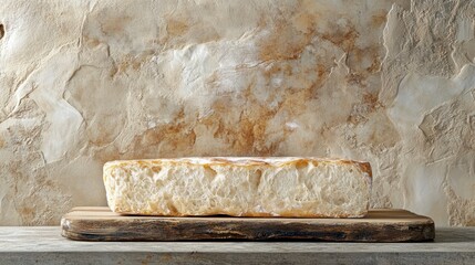 Rustic loaf of bread on wooden board against textured background.