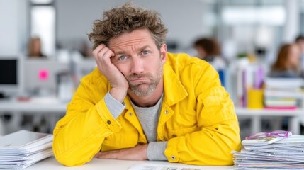 man with curly hair, wearing a bright yellow jacket, rests his chin on his hand while looking bored at his desk. office is lively with other workers busy at their stations