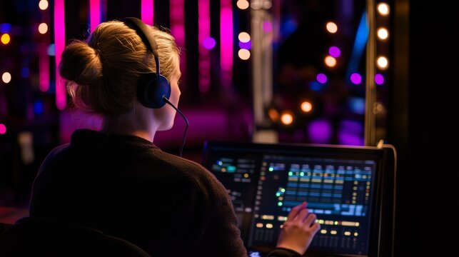 Stage manager, wearing a headset, focuses on adjusting lighting controls on a touchscreen as colorful lights illuminate the production area backstage
