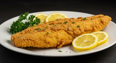 Crispy Fried Fish with Lemon - Delicious crispy fried fish fillet served with lemon wedges and parsley garnish on a white plate