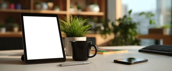 The modern workspace featuring a tablet and coffee mug on a stylish desk.