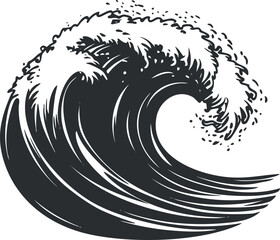 Naklejka premium Black and white illustration of a powerful ocean wave curling and splashing with dynamic motion