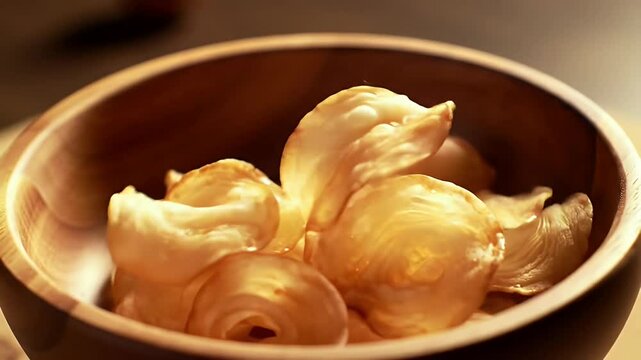 Crispy Potato Chips in Wooden Bowl