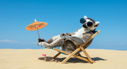 Lemur relaxing on a beach chair under a colorful umbrella, wearing sunglasses, enjoying a sunny day on the sandy beach, embodying a carefree summer vibe and leisure lifestyle	