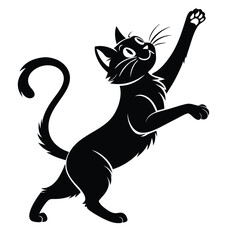 A playful black cat silhouette illustration with a raised paw and a cheerful expression. Vector design features smooth lines, fluffy fur details, and is ideal for Halloween, ccreative themed artwork.