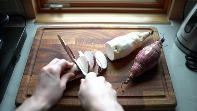 Slicing Fresh Sweet Potatoes on Wooden Cutting Board