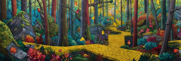 comic yellow brick road in the forest