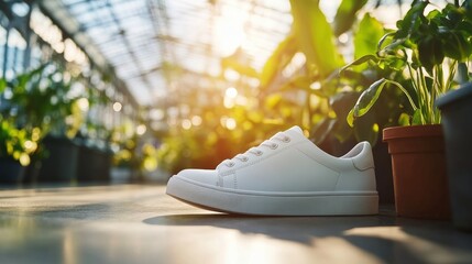Bright morning light floods a clean, minimalist area where white sneakers rest on concrete, surrounded by vibrant potted tropical plants for a fresh atmosphere