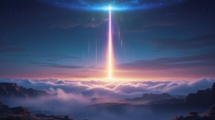 vibrant, ethereal signal beam ascending from the Earth's rugged terrain, blending natural landscapes with futuristic sci-fi elements.