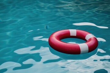 Lifebuoy floating in a clear blue swimming pool