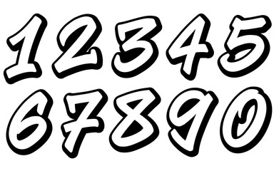 Graffiti style numbers from 0 to 9, vector hand drawn white graffiti numbers with shadow, handwritten number set