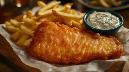 Delicious Crispy Fish and Chips with Tartar Sauce and Golden Fries