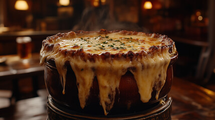 Deliciously Cheesy French Onion Soup in a Rustic Bowl with Melting Cheese