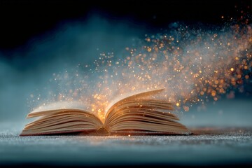 Magical Book With Shimmering Pages Releases Golden Sparkles in a Serene Blue Setting