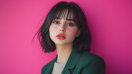 Stylish Young Woman Posing Against a Vibrant Pink Background for Fashion and Beauty Concepts