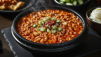 Delicious Spicy Korean Stew with Tofu and Vegetables in a Stone Pot