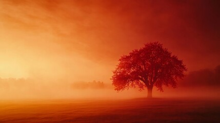 Obraz premium A solitary maple tree stands amidst a fog-covered field, showcasing fiery orange and crimson leaves as golden light breaks through the mist at dawn