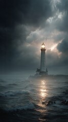 Fototapeta premium Lighthouse Illuminated by Lightning on a Stormy Evening Near the Coast