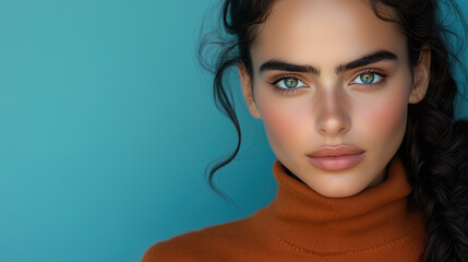 Stunning Portrait of a Young Woman with Beautiful Blue Eyes Against a Turquoise Background