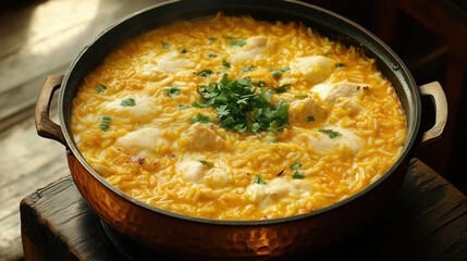 Delicious Creamy Rice Dish with Eggs and Fresh Herbs in a Rustic Pot
