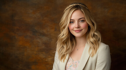 Elegant Portrait of a Young Woman with Blonde Hair in a Soft Background