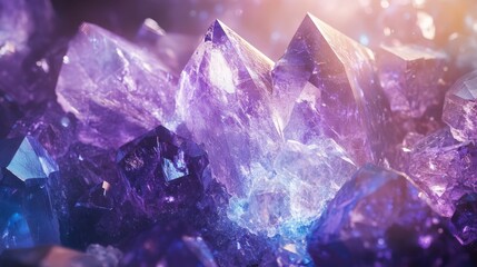 Obraz premium Beautiful purple crystals shining in light, showcasing their stunning colors and unique shapes in a sparkling display.