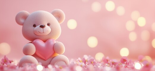 Obraz premium Cute teddy bear holding heart surrounded by flowers and soft bokeh background