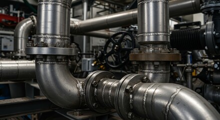 Industrial Pipes Closeup: Mechanical Engineering Design - Closeup shot of industrial pipes, showcasing the intricate mechanical design and engineering. Symbolizing industry, technology, precision