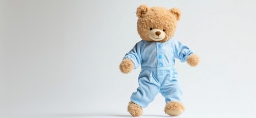 Cute teddy bear in blue pajamas standing on a white background