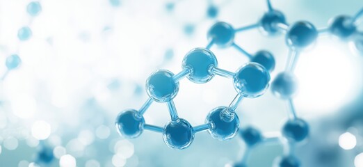 Molecular structure with blue atoms and bonds representing scientific research and innovation