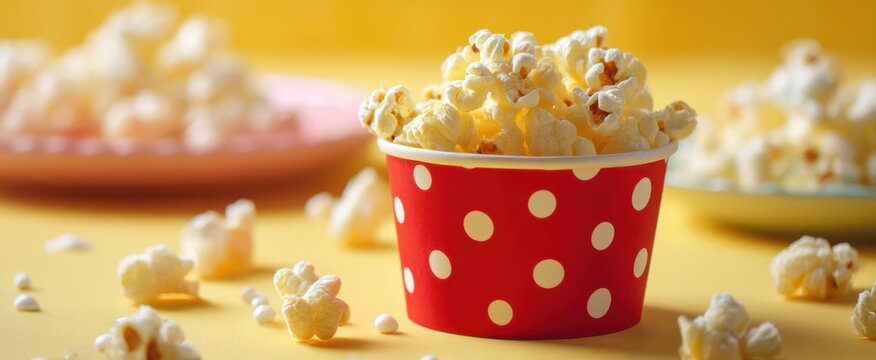 The vibrant red polka dot cup filled with delicious popcorn.